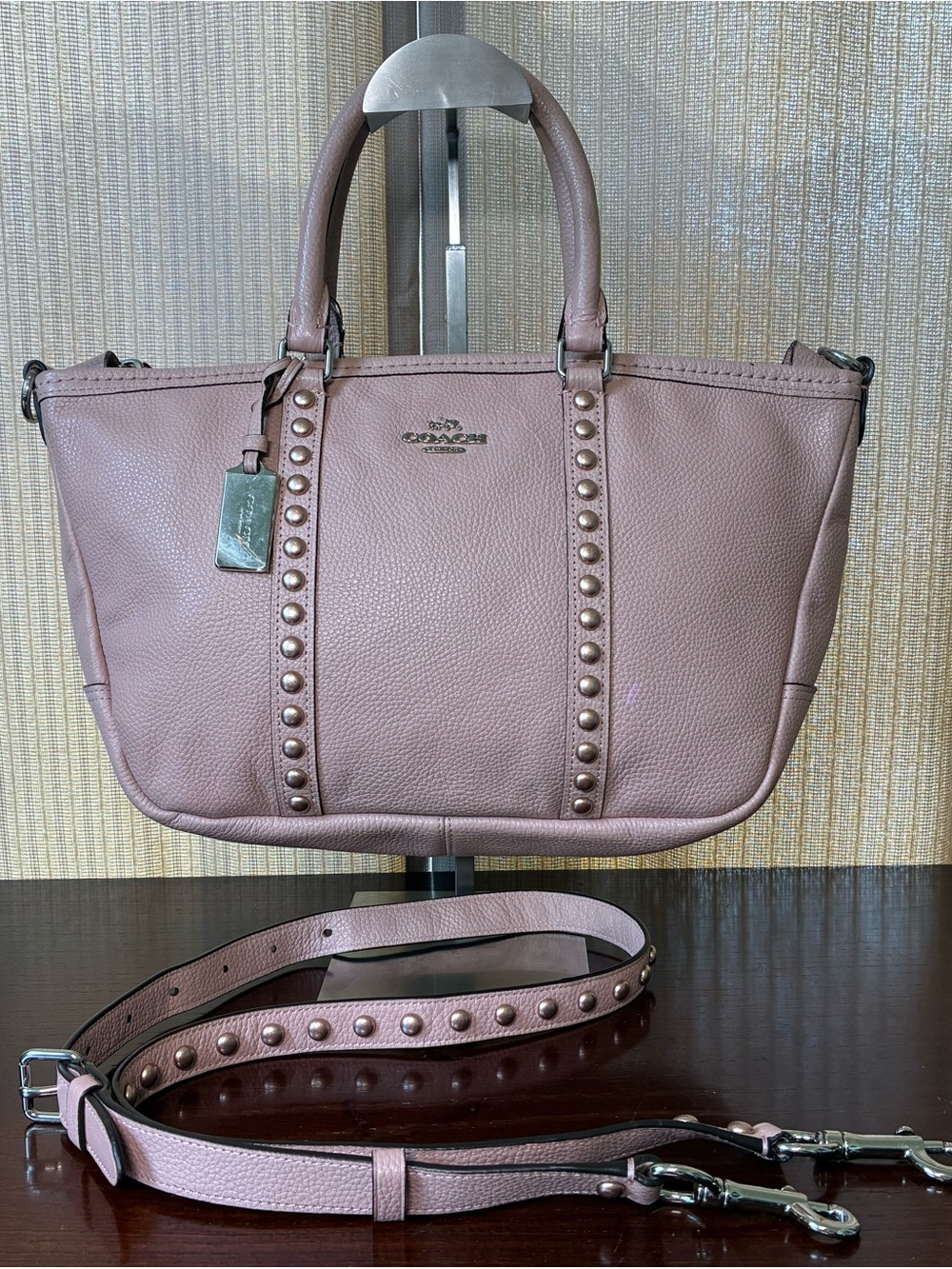 Coach Pink Studded Leather Satchel with Removable Strap
